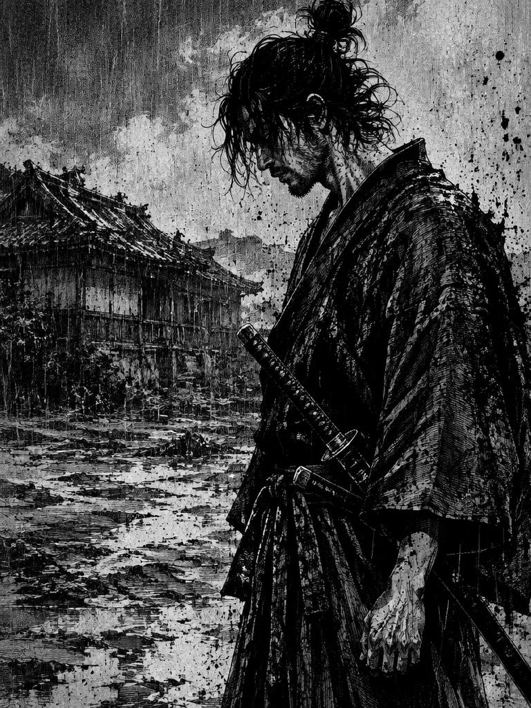 Lone samurai standing in heavy rain, gritty ink-style manga panel